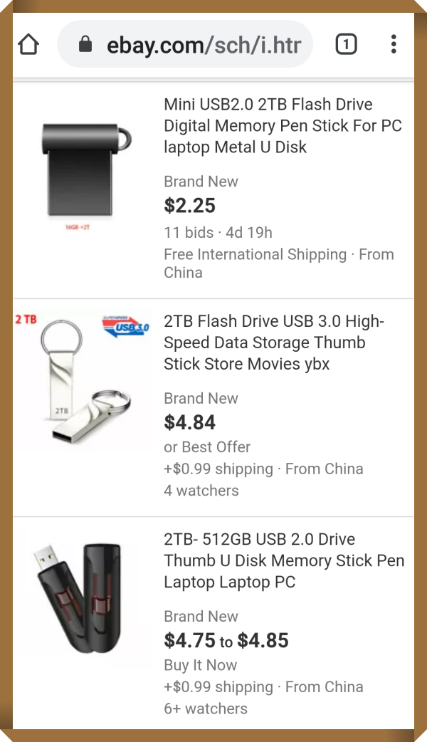 2TB USB Flash Drive 판매 목록 (사진= ebay.com 캡춰)